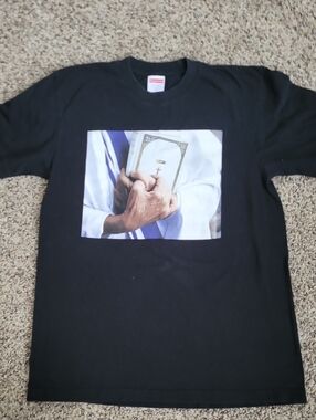 Supreme Black Crewneck T-Shirt with Bible Graphic